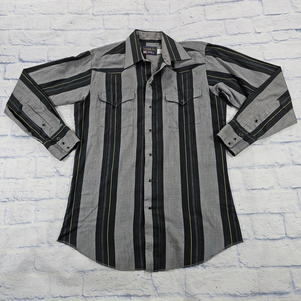 Panhandle Slim Western Shirt MENS 15.5-33 Grey Black Striped Pearl Snap Cowboy
